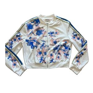Jealous Tomato Womens Floral Bomber Track Jacket White Blue Large Zip Up Size L
